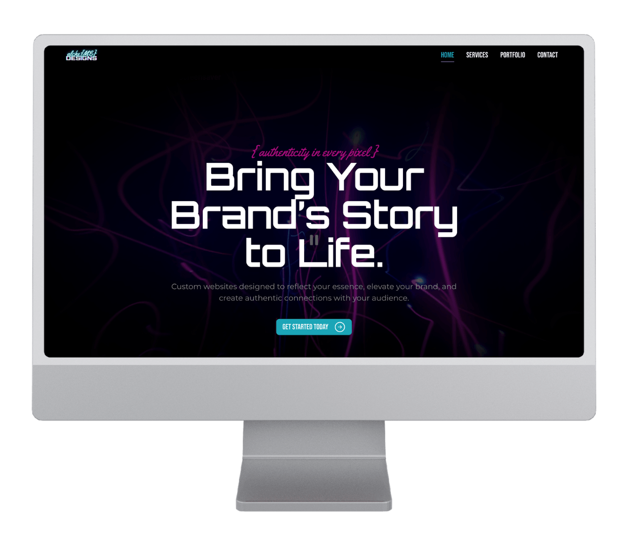 alche{ME} Designs website homepage design with neon brand visuals