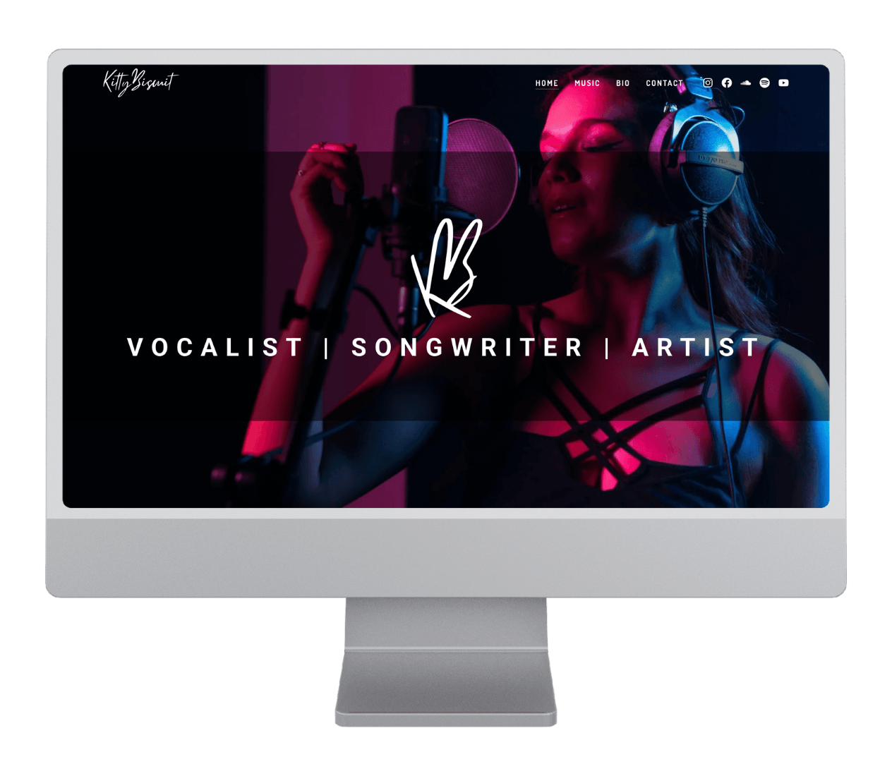 KB Sings artist website homepage design with studio photography
