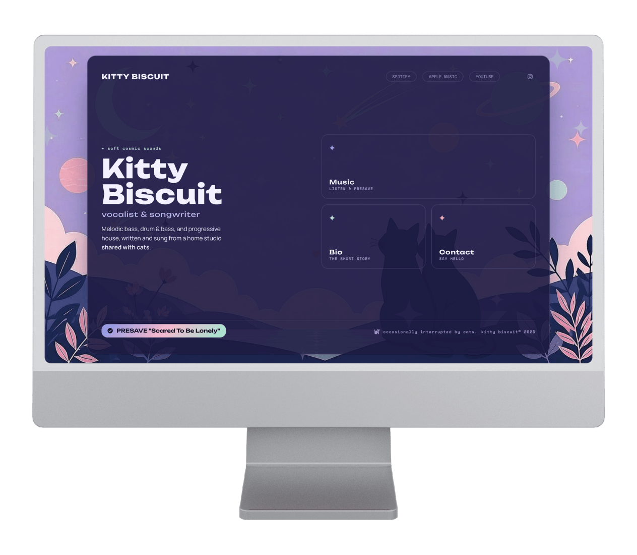 Kitty Biscuit artist landing page design with cosmic illustration